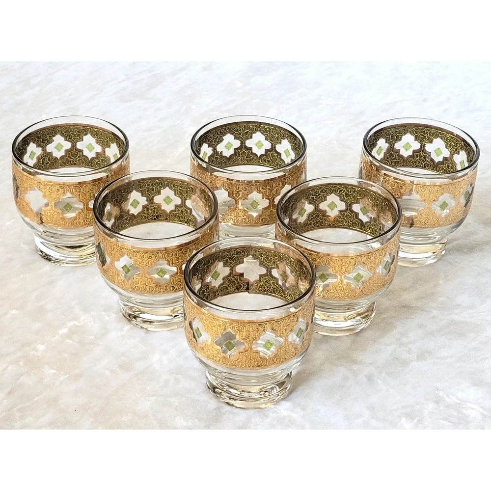 6 MCM Culver Valencia 22k Gold Lowball Rocks Glasses Green Diamond Vintage